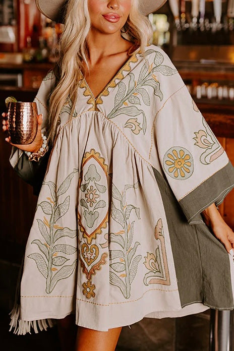 Desert Days Embroidered V Neck Half Sleeve Babydoll Dress