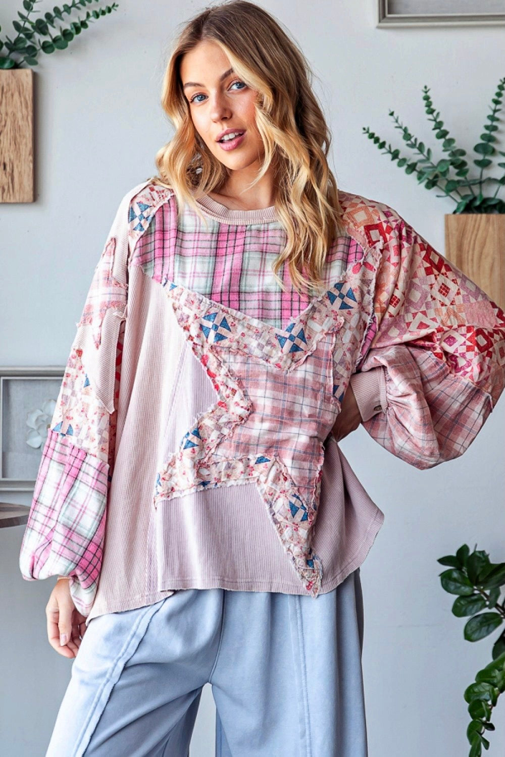 In The Stars Washed Patchwork Waffle Top