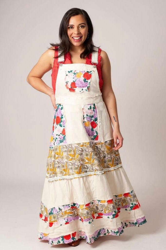 Love Bomb Floral Patchwork Washed Denim Skirtall | Cream