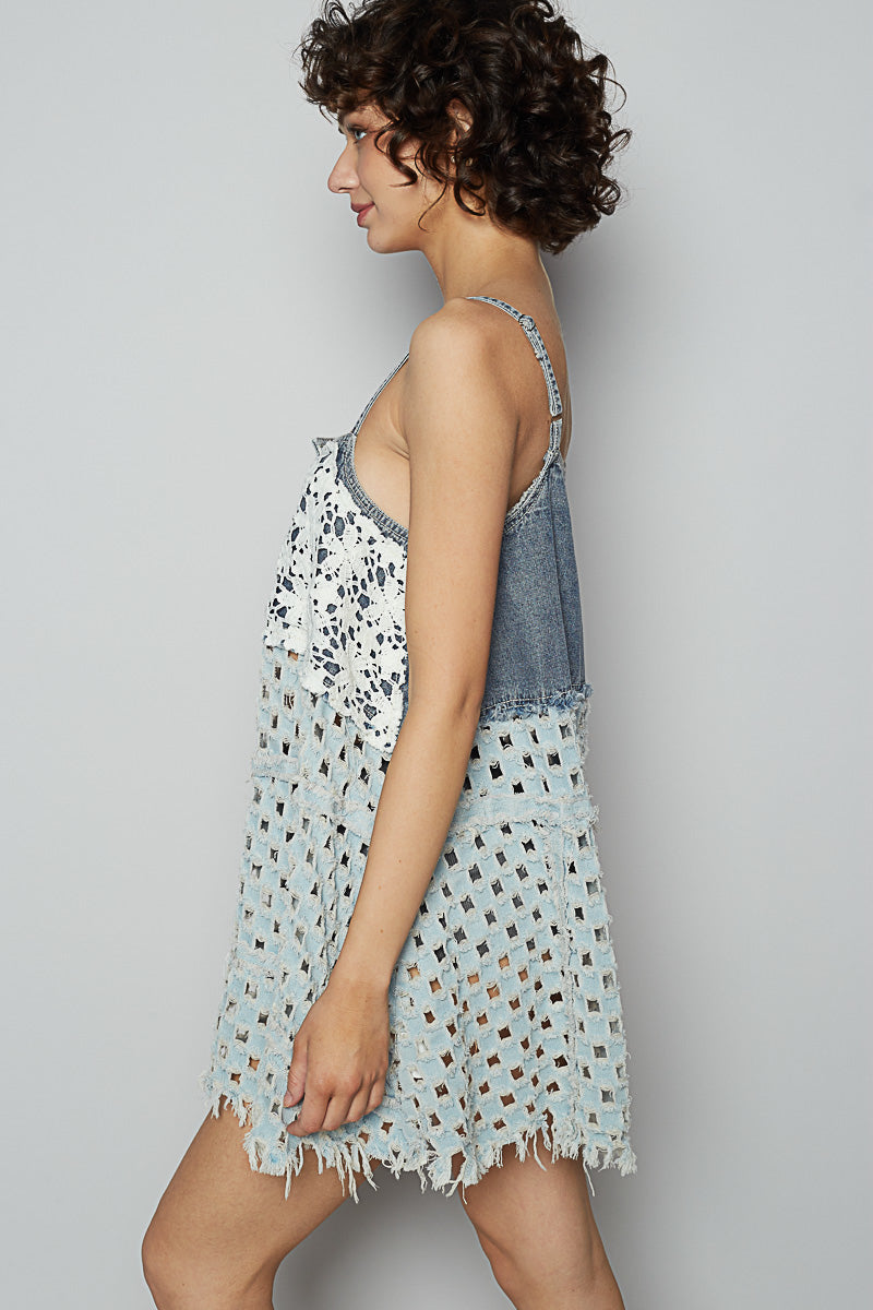 Side view of sleeveless lace top/dress with raw frayed denim twill hem—styled for summer layering and soft texture play.