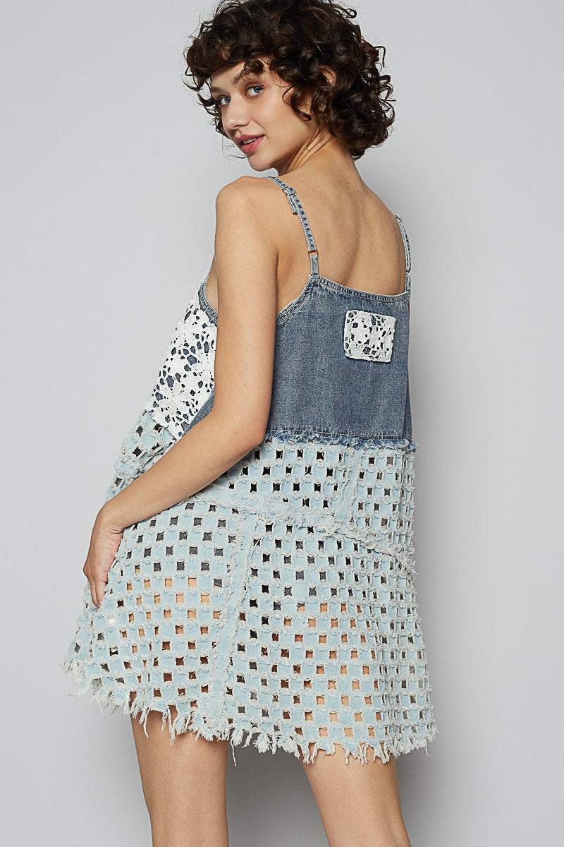 Over-the-shoulder side-back view of lace top/dress with raw frayed denim hem and strap detail—styled for summer edge.