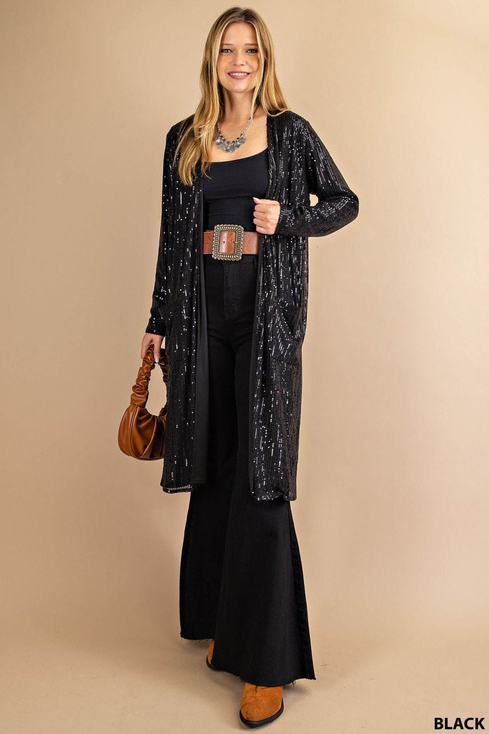 Black Diamonds Open Front Long Sequin Duster
