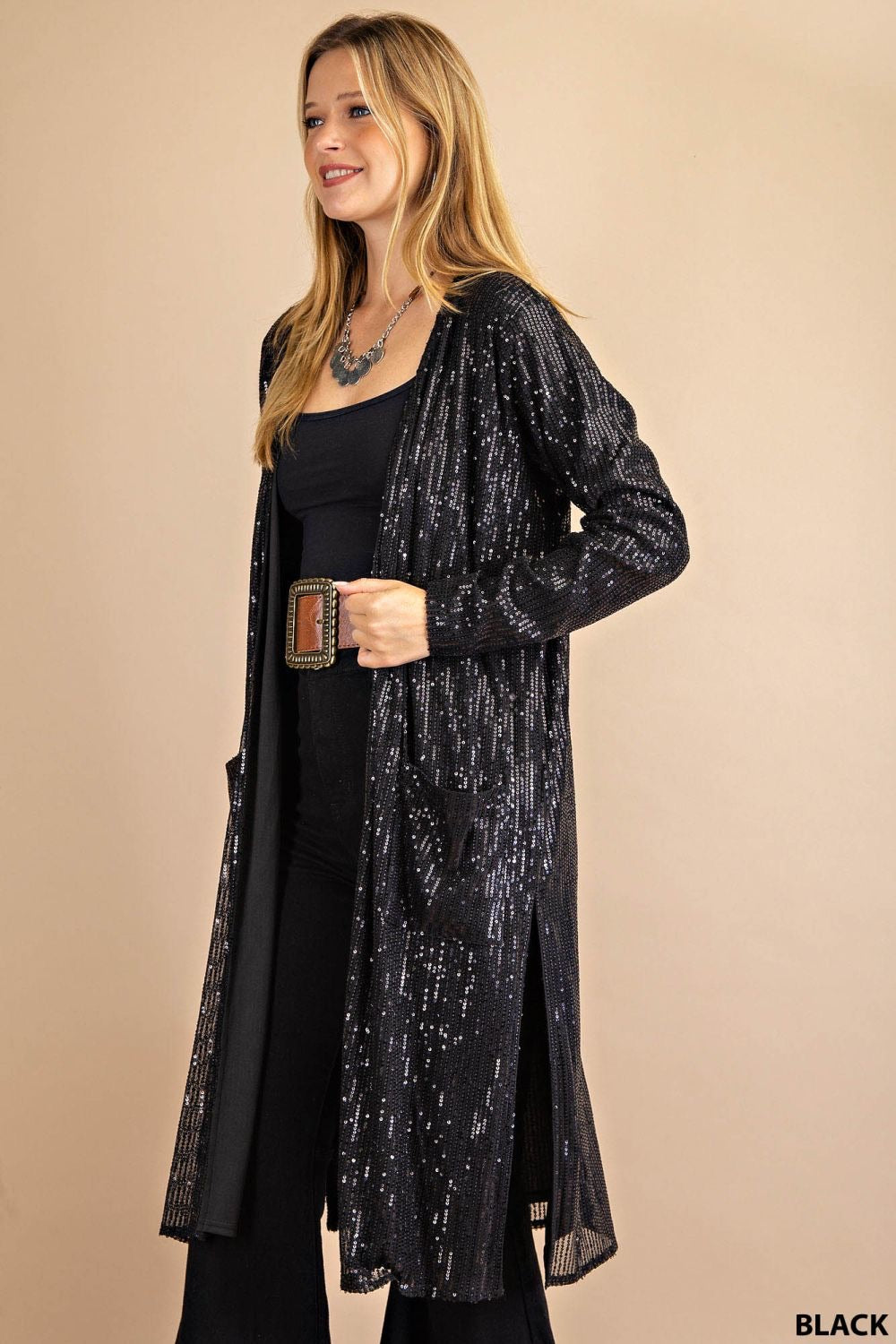 Black Diamonds Open Front Long Sequin Duster