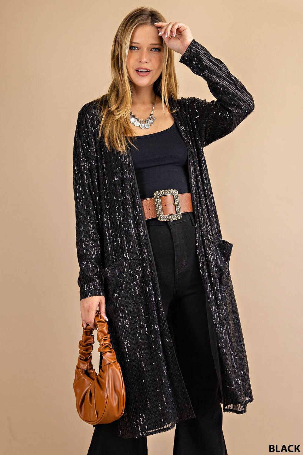 Black Diamonds Open Front Long Sequin Duster