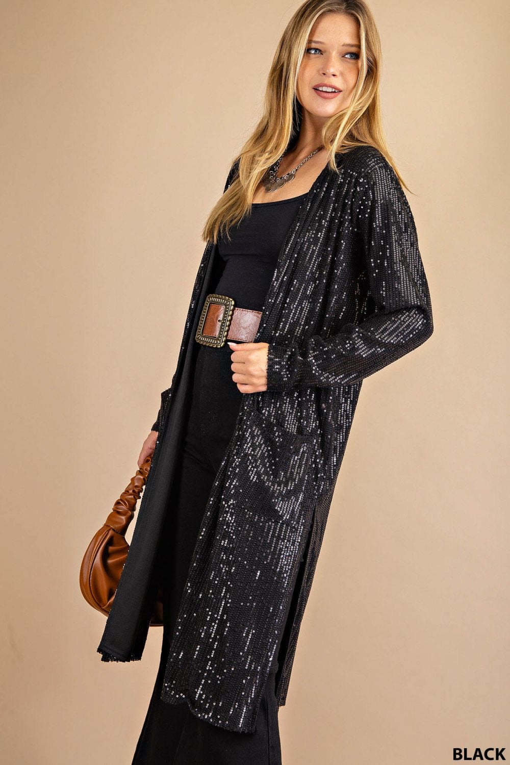 Black Diamonds Open Front Long Sequin Duster