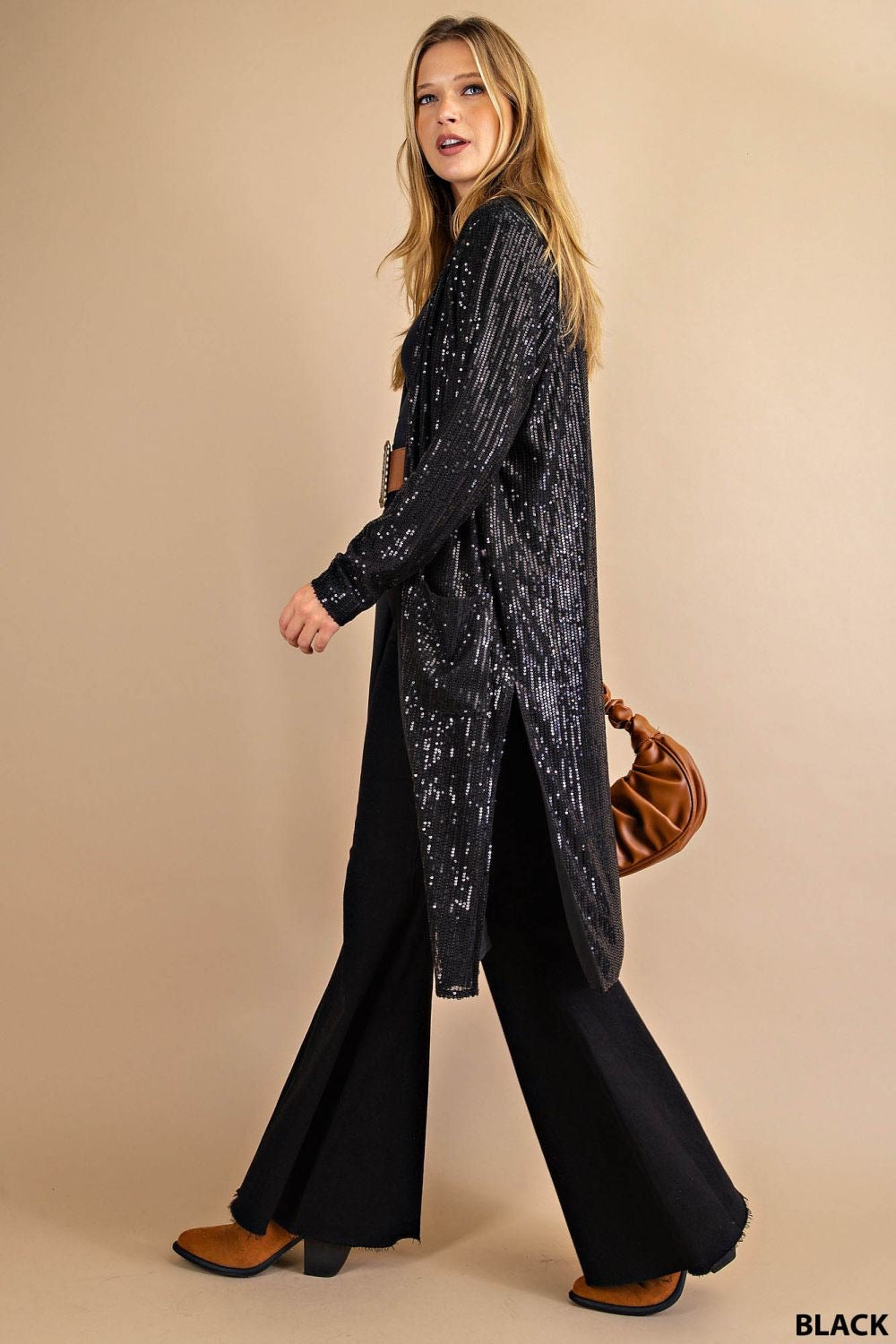 Black Diamonds Open Front Long Sequin Duster