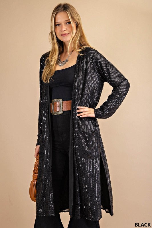 Black Diamonds Open Front Long Sequin Duster