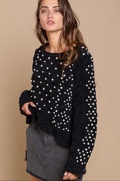 Black Magic Pearl Beaded Velvet Chenille Sweater