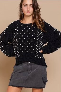Black Magic Pearl Beaded Velvet Chenille Sweater