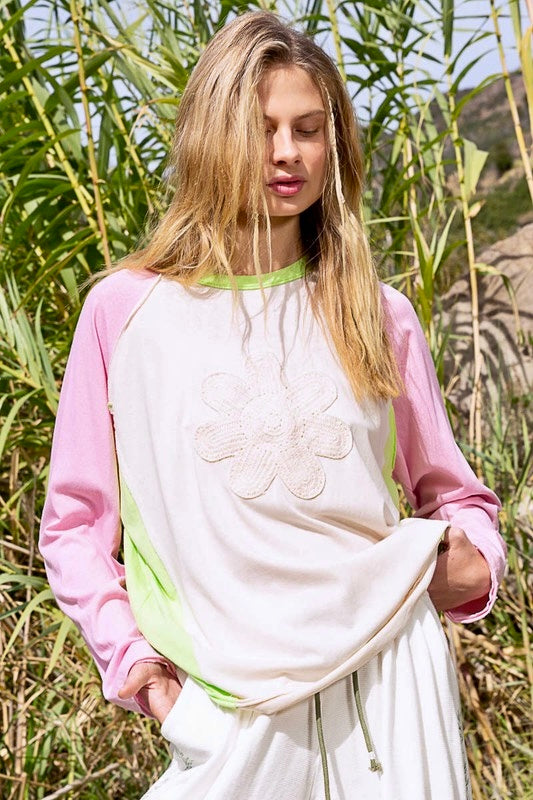 In My Groove Daisy Patch Color Block Long Sleeve Top
