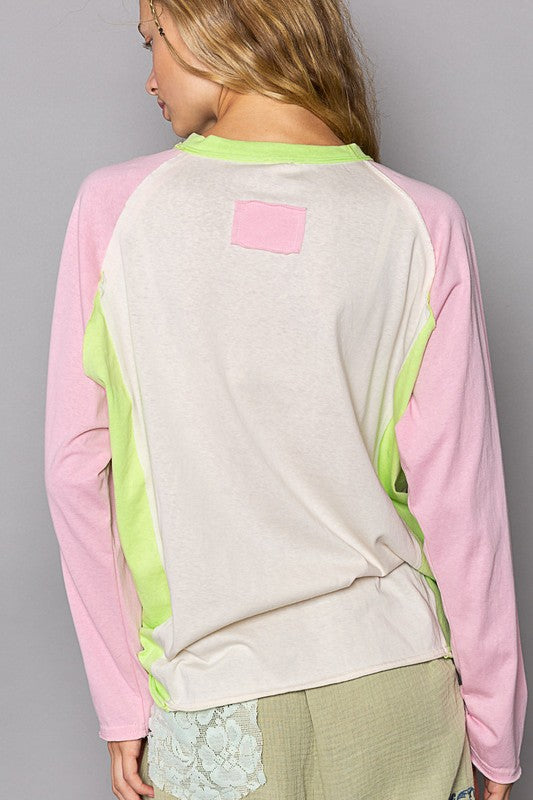 In My Groove Daisy Patch Color Block Long Sleeve Top
