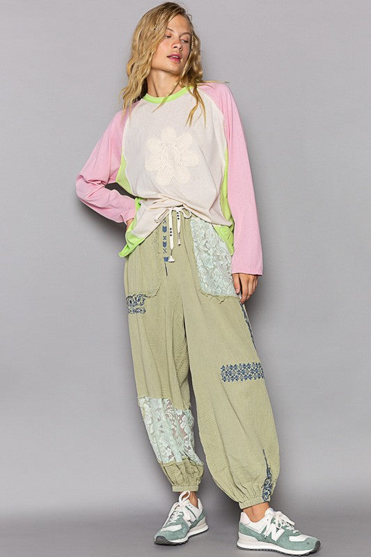 In My Groove Daisy Patch Color Block Long Sleeve Top