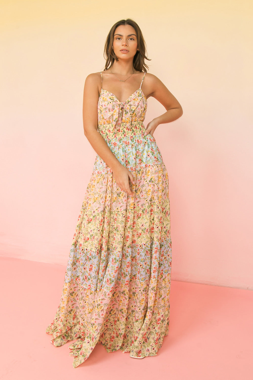 Siren’s Song Color Block Floral Print Spaghetti Strap Maxi