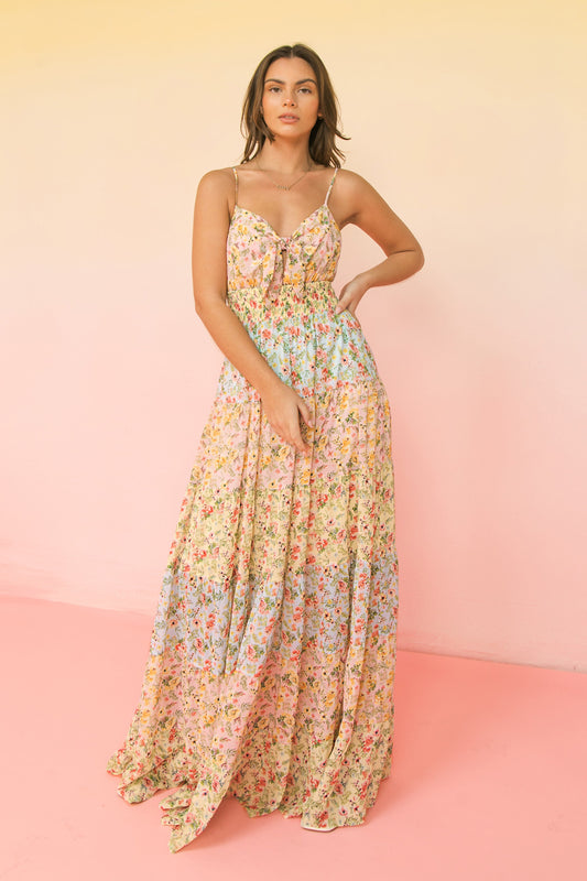 Siren’s Song Color Block Floral Print Spaghetti Strap Maxi