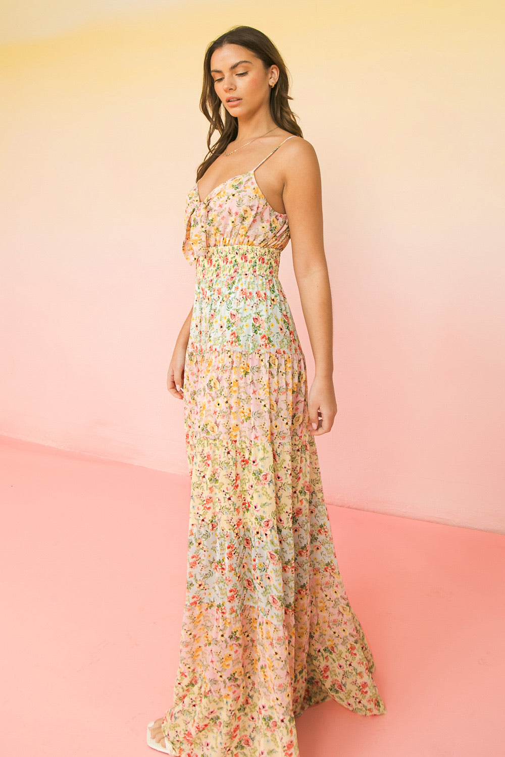 Siren’s Song Color Block Floral Print Spaghetti Strap Maxi