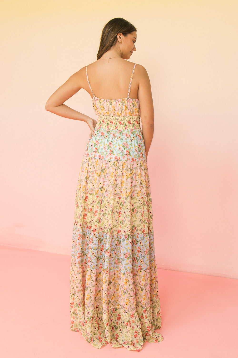 Siren’s Song Color Block Floral Print Spaghetti Strap Maxi