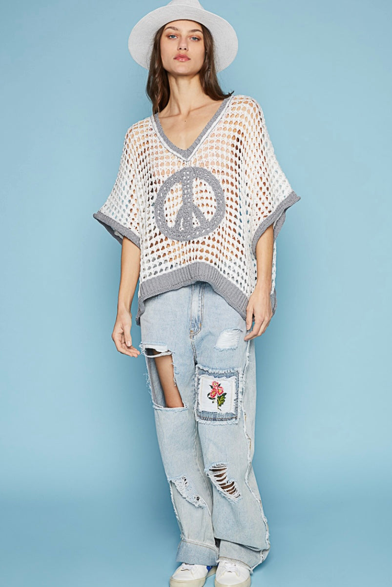 Peace Out Babe Loose Fit Peace Sign Crochet Summer Sweater Top (3 Colors)