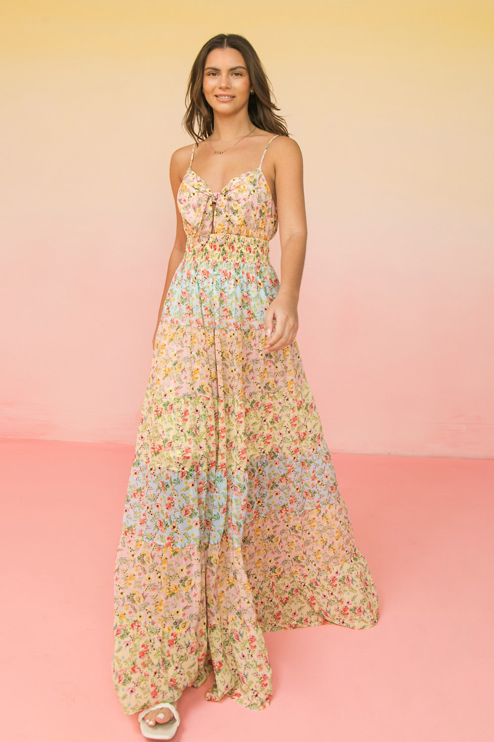 Siren’s Song Color Block Floral Print Spaghetti Strap Maxi