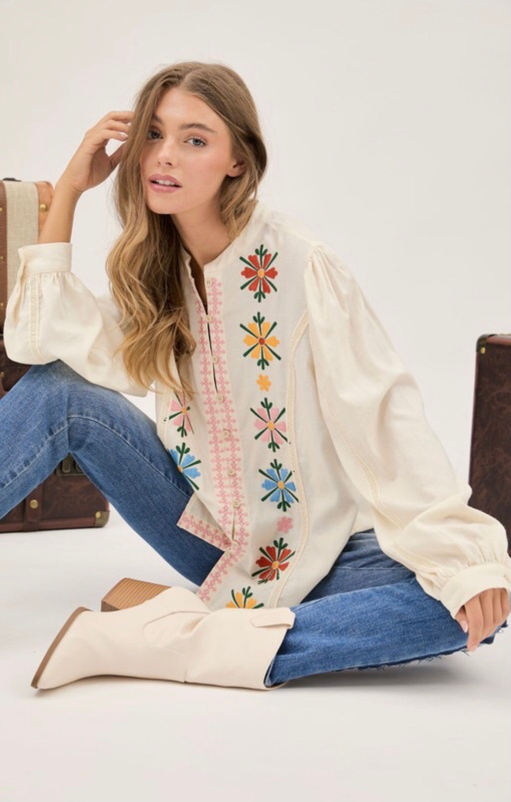 Sundance Floral Embroidered Mandarin Collar Button Down Shirt