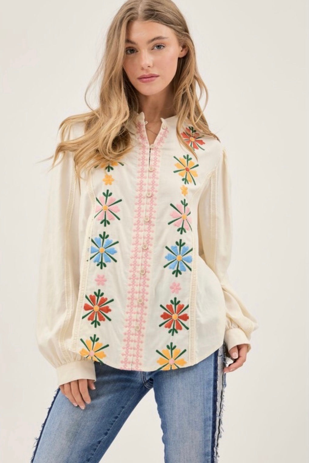 Sundance Floral Embroidered Mandarin Collar Button Down Shirt