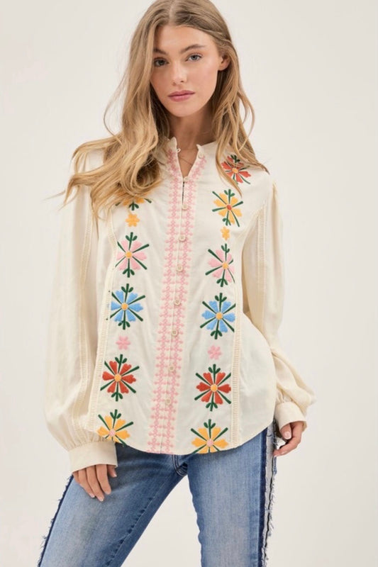 Sundance Floral Embroidered Mandarin Collar Button Down Shirt