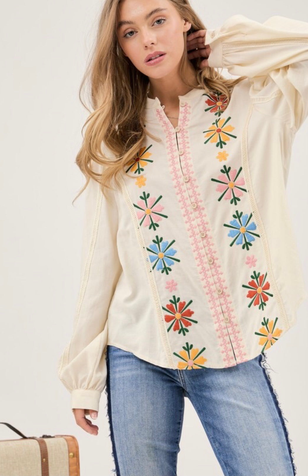 Sundance Floral Embroidered Mandarin Collar Button Down Shirt