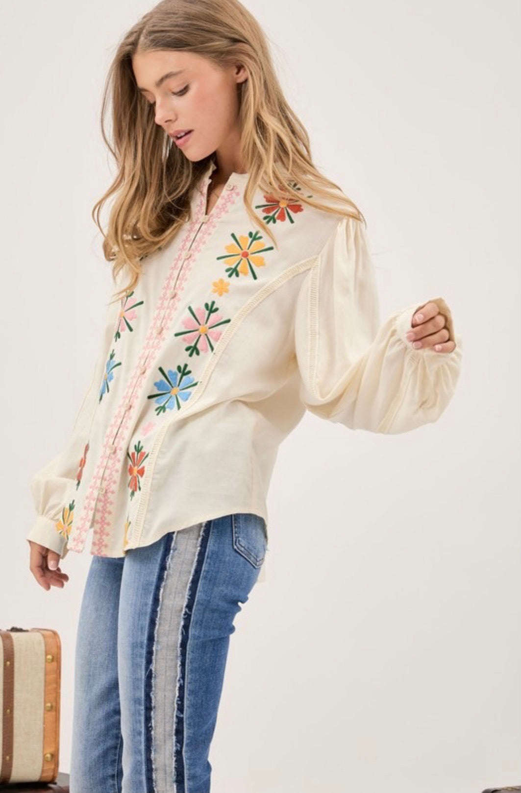 Sundance Floral Embroidered Mandarin Collar Button Down Shirt