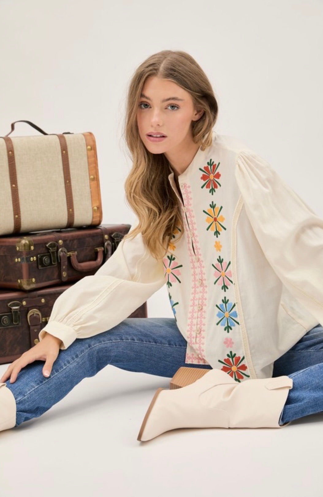 Sundance Floral Embroidered Mandarin Collar Button Down Shirt