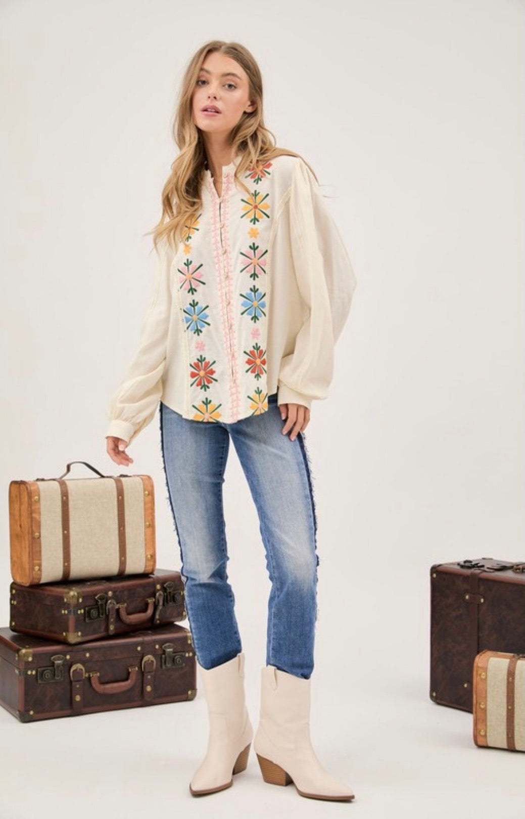 Sundance Floral Embroidered Mandarin Collar Button Down Shirt