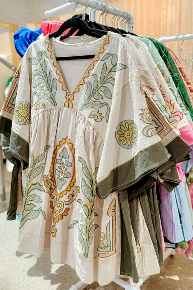 Desert Days Embroidered V Neck Half Sleeve Babydoll Dress