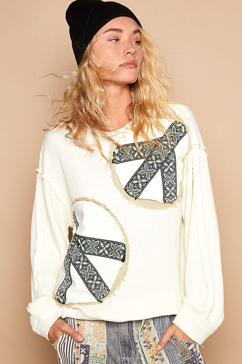 Free Spirit Peace Patched Vintage Washed Thermal Pullover (2 Colors)