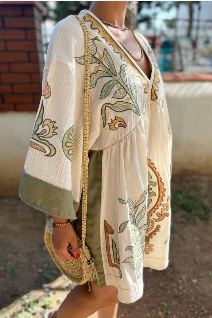 Desert Days Embroidered V Neck Half Sleeve Babydoll Dress