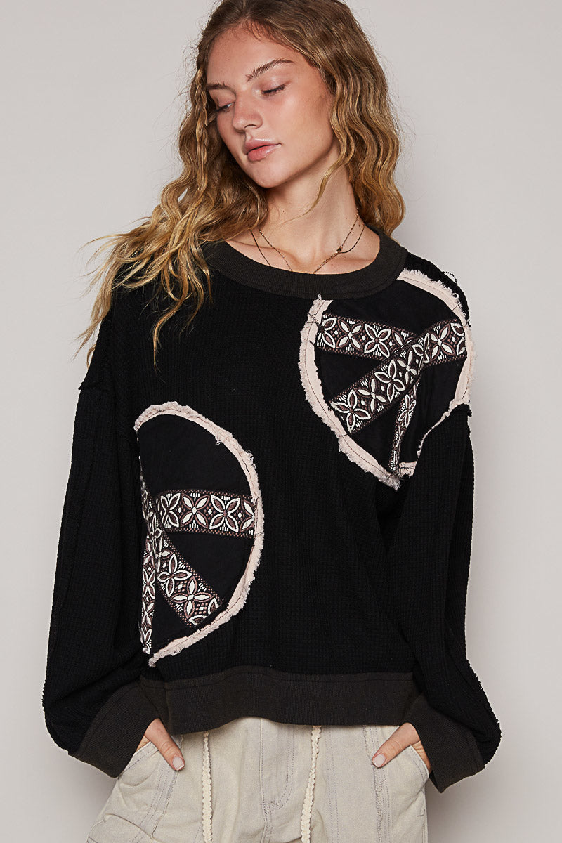 Free Spirit Peace Patched Vintage Washed Thermal Pullover (2 Colors)