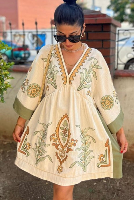 Desert Days Embroidered V Neck Half Sleeve Babydoll Dress