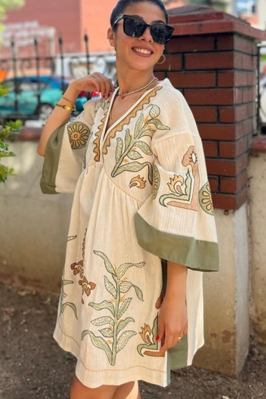 Desert Days Embroidered V Neck Half Sleeve Babydoll Dress