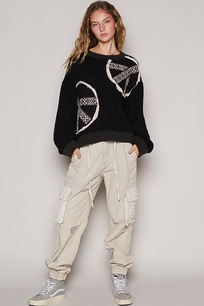 Free Spirit Peace Patched Vintage Washed Thermal Pullover (2 Colors)