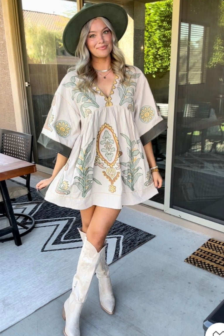 Desert Days Embroidered V Neck Half Sleeve Babydoll Dress