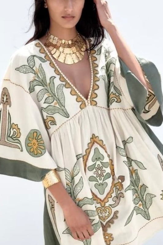 Desert Days Embroidered V Neck Half Sleeve Babydoll Dress