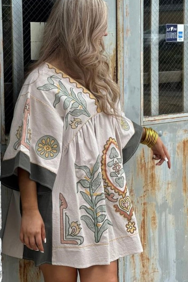 Desert Days Embroidered V Neck Half Sleeve Babydoll Dress