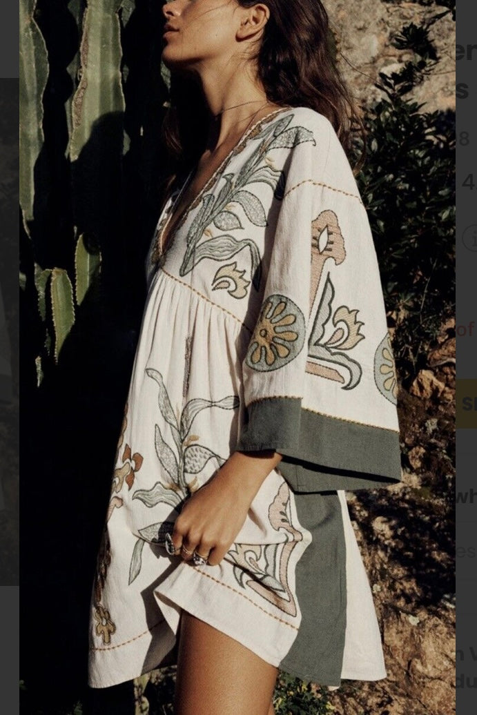 Desert Days Embroidered V Neck Half Sleeve Babydoll Dress