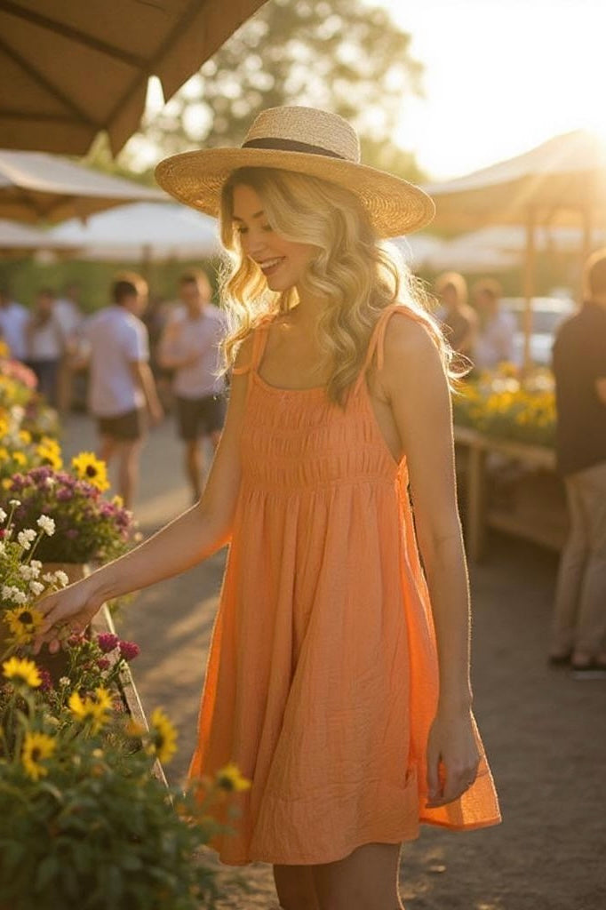 Orange bow-strap sundress with wide-brim straw hat—woman reaching toward planter of flowers at sunlit outdoor market.