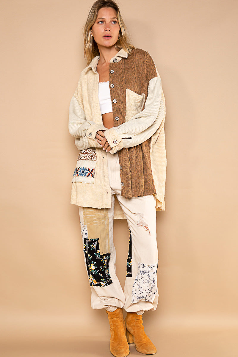 A Cut Above Vintage Washed Mixed Knit Button Down Sweater Shirt