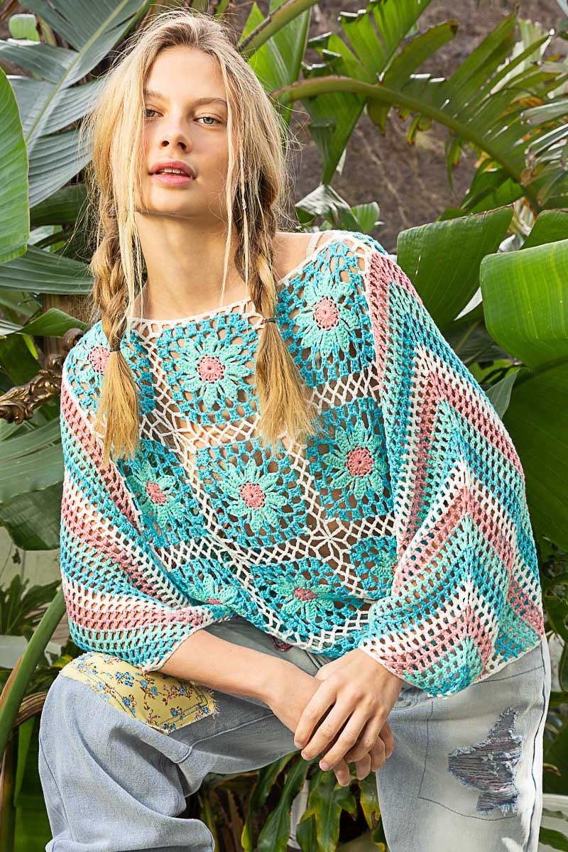 Summer Lovin’ Hand Crochet Floral + Stripes Open Weave Sweater