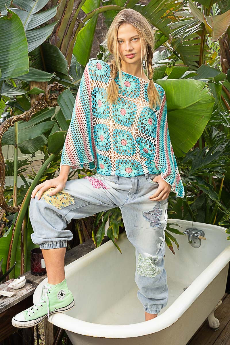 Summer Lovin’ Hand Crochet Floral + Stripes Open Weave Sweater