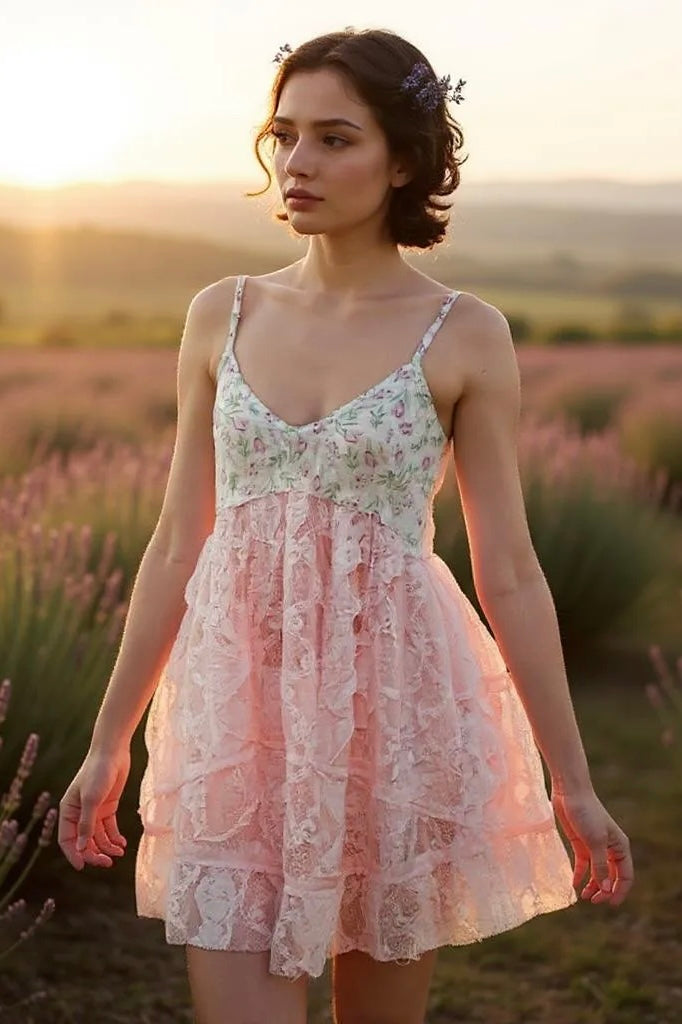 Standing in a field of lavender wearing blush pink lace babydoll mini with floral print bust, ruffled skirt, and thin straps; soft siren finish with golden hour glow