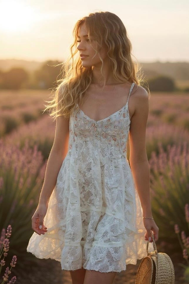 Walking through lavender field in ivory lace babydoll mini with pastel floral bust; straw bag in hand—romantic cottagecore with ethereal golden-hour softness
