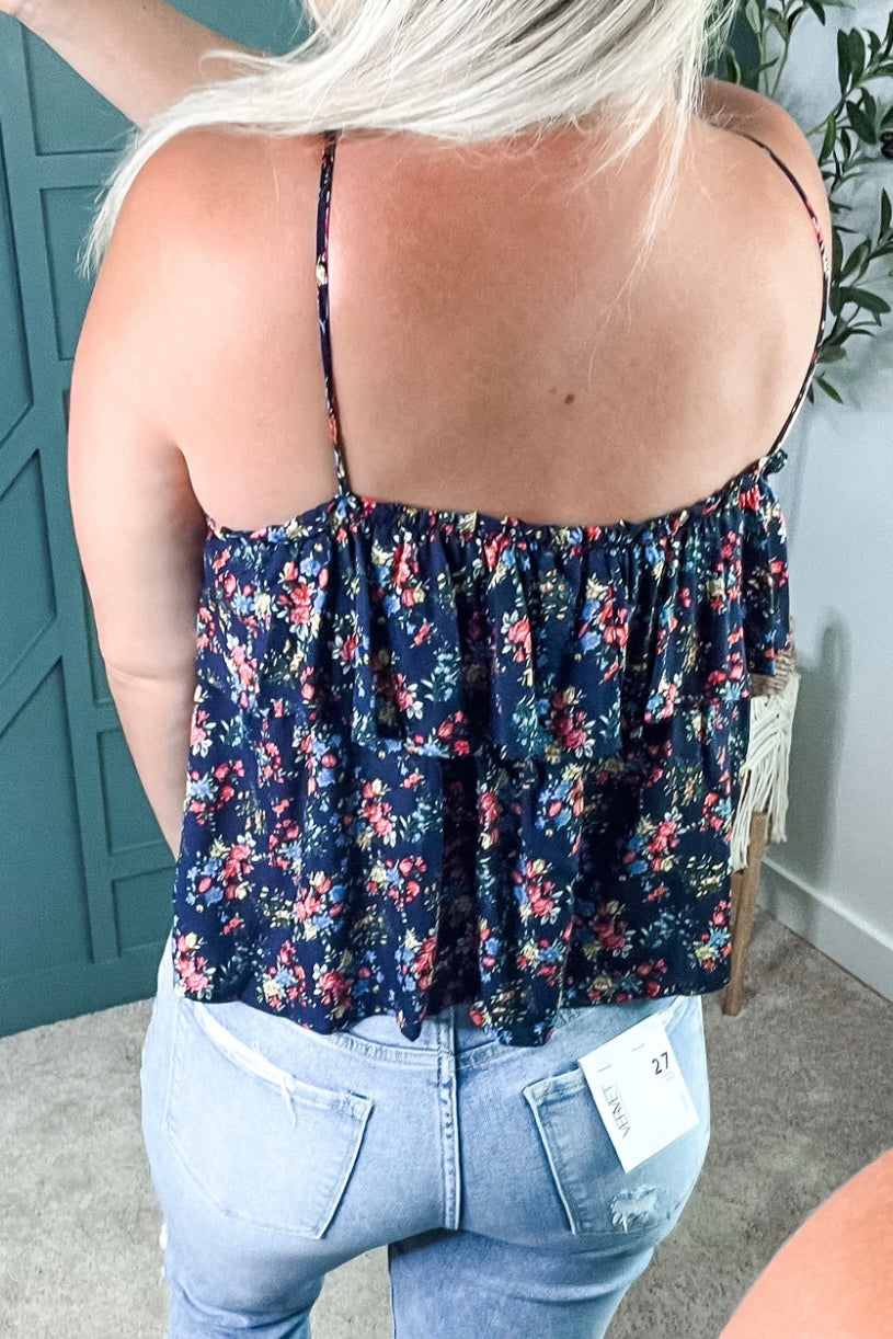 Lilydale Navy Floral Print 2 Tier Sleeveless Cami Top