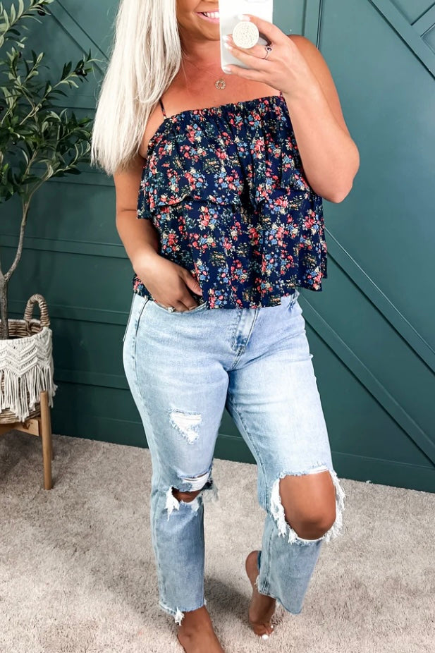 Lilydale Navy Floral Print 2 Tier Sleeveless Cami Top
