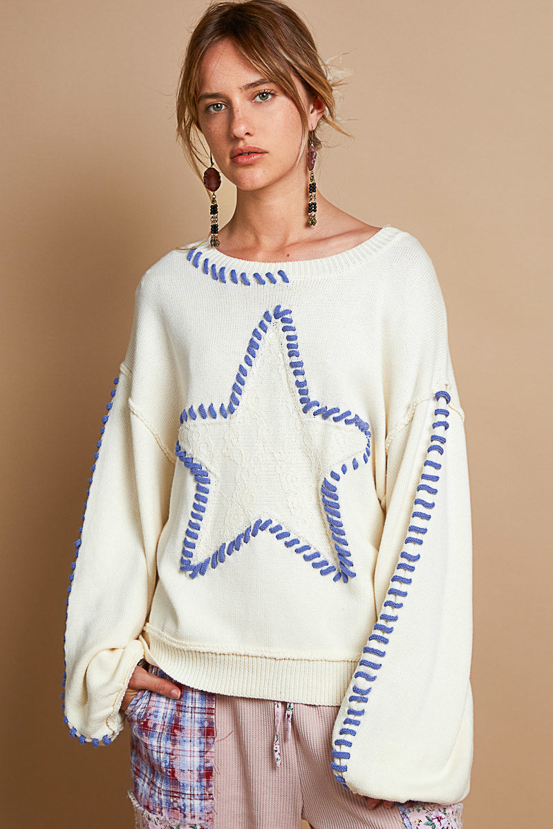 Walk The Talk Contrast Stitched Star Sweater