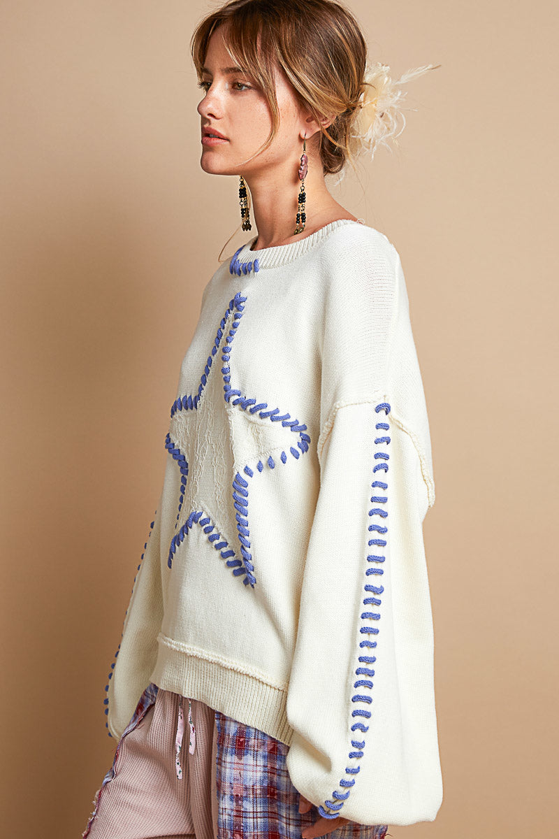 Walk The Talk Contrast Stitched Star Sweater